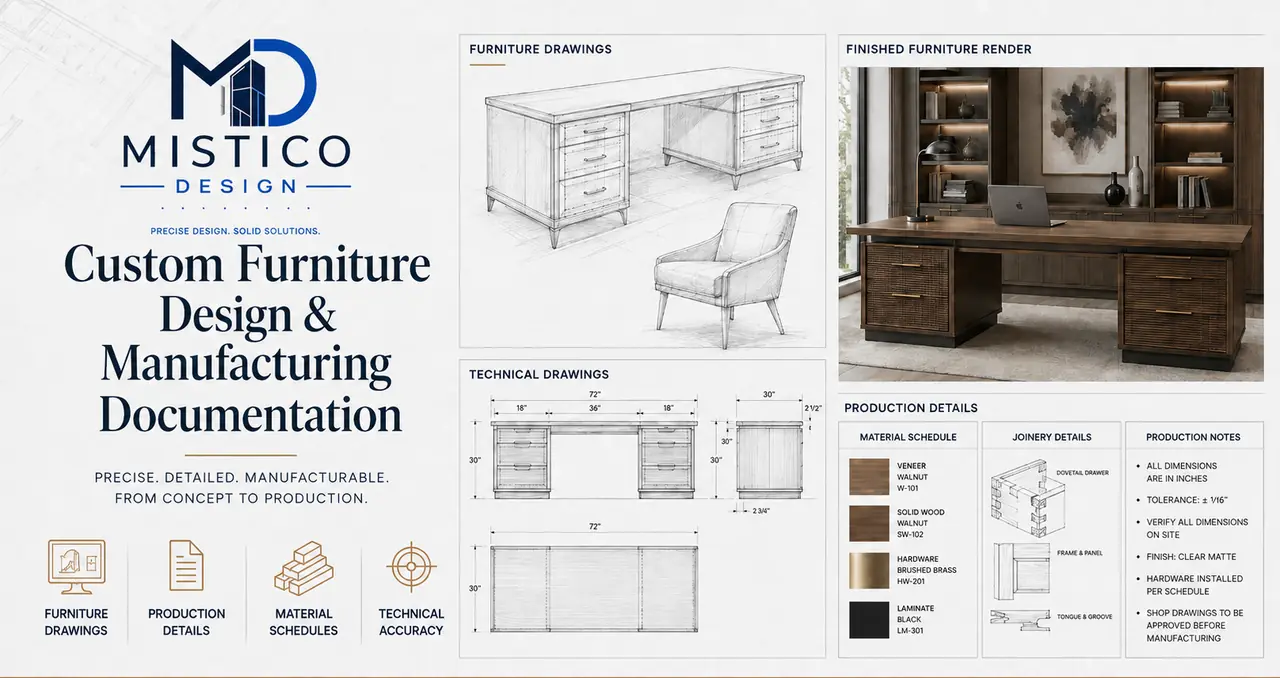 Furniture drawings, technical details and finished desk