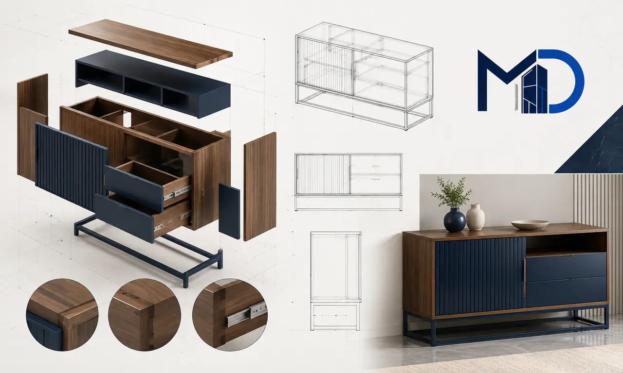 Console design exploded view and finished furniture