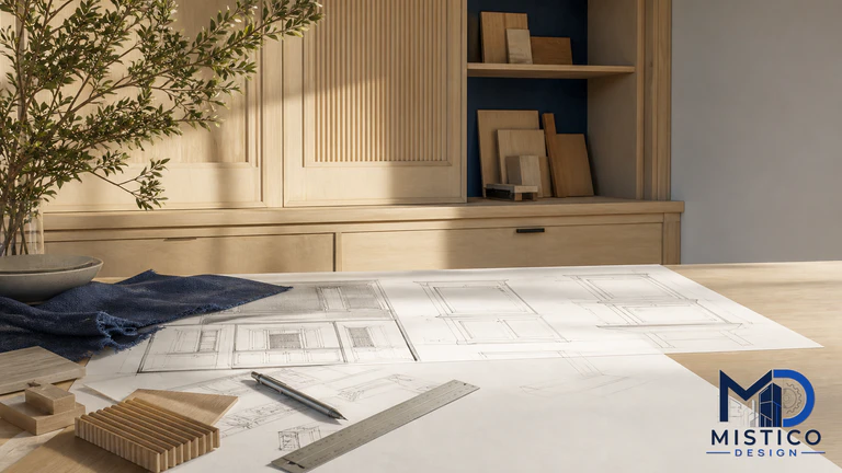 Architectural millwork drawing with cabinet elevations, sections, and material samples