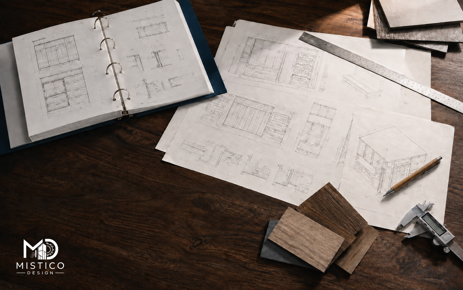 Architectural woodwork shop drawings, an unbranded standards binder, material samples, calipers, and a MISTICO DESIGN watermark