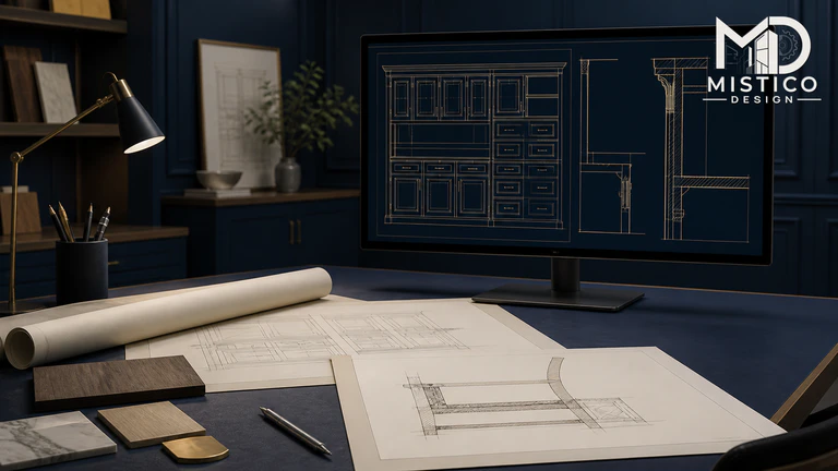 AutoCAD-style millwork and furniture technical drawings with elevations, details, and dimensioned sections