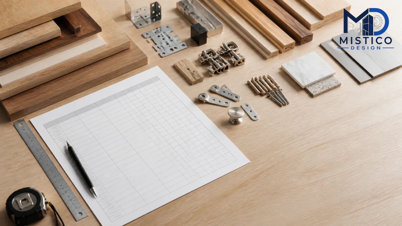 Bill of materials, cut list, and material takeoff tables beside fabrication drawings