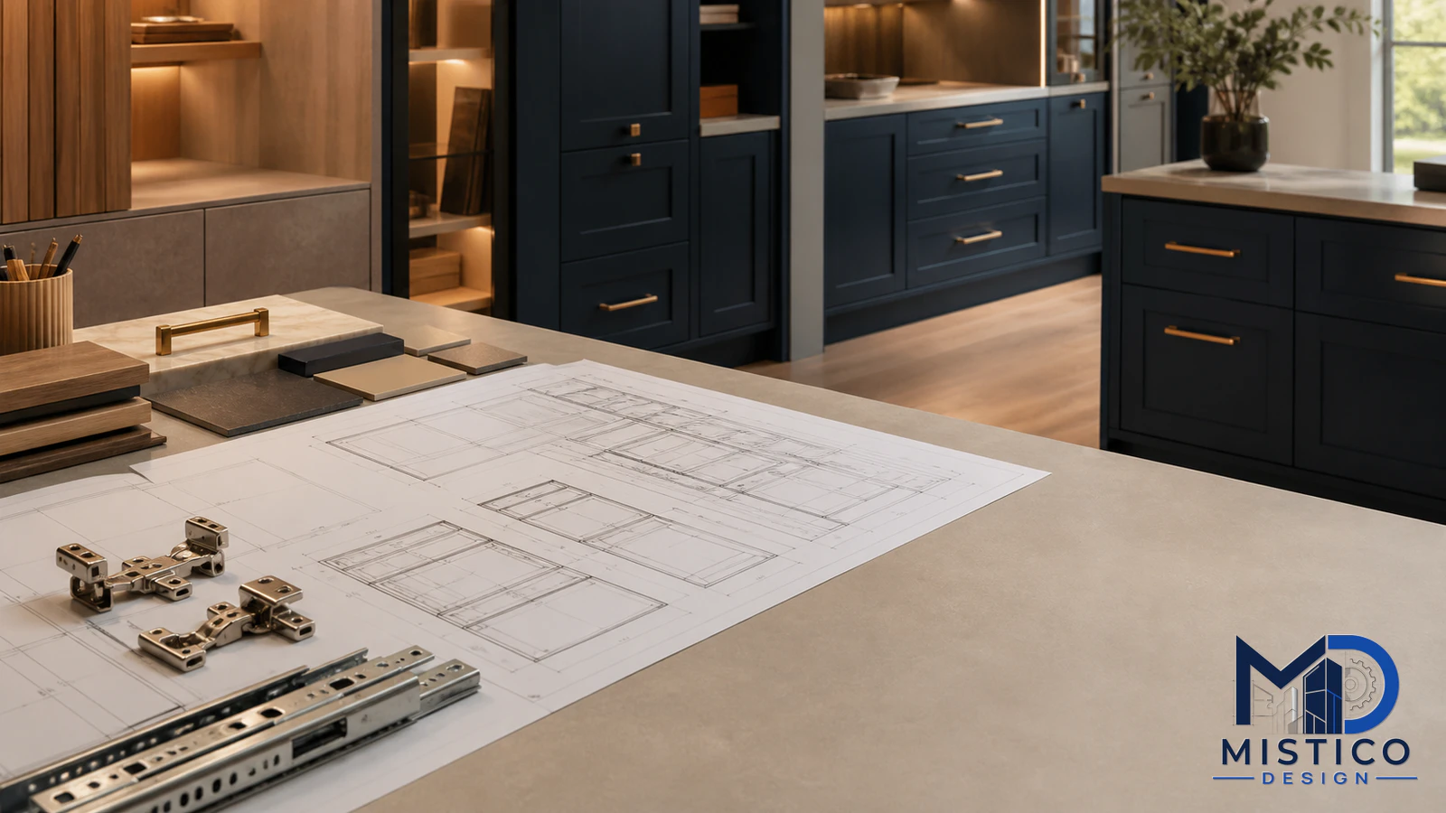 Cabinet shop drawing with kitchen-style elevations, cabinet sections, and hardware callouts