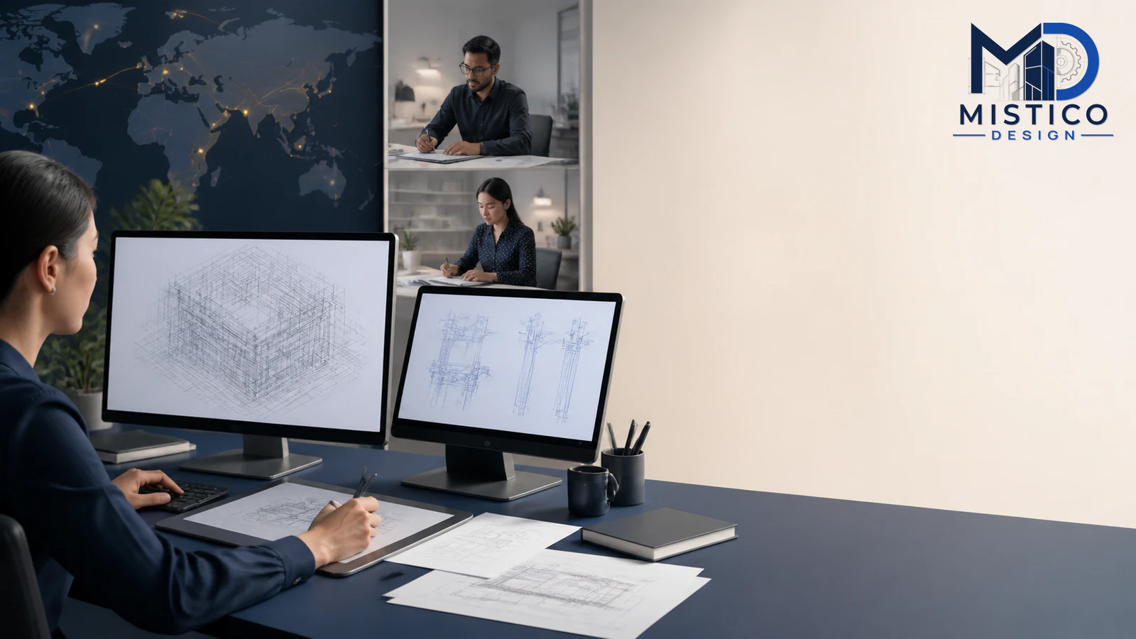 Remote CAD drafting workflow with technical drawings, review markup, and organised digital files