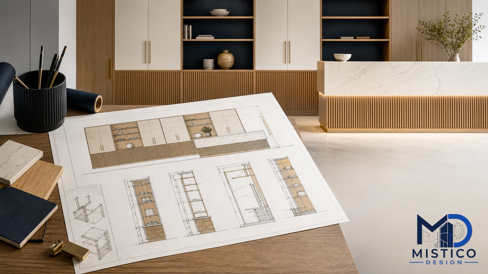 Casework shop drawings showing cabinet banks, worktops, sections, and technical dimensions
