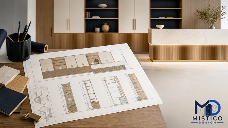 Casework shop drawings showing cabinet banks, worktops, sections, and technical dimensions