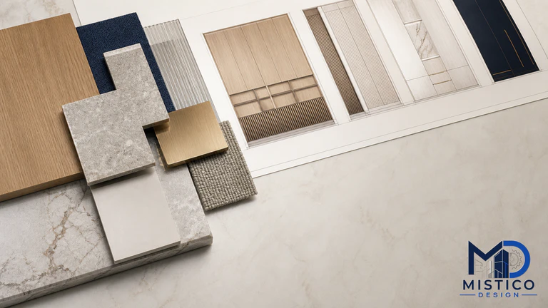 Finish and material schedule beside millwork drawings and wood, metal, and stone samples