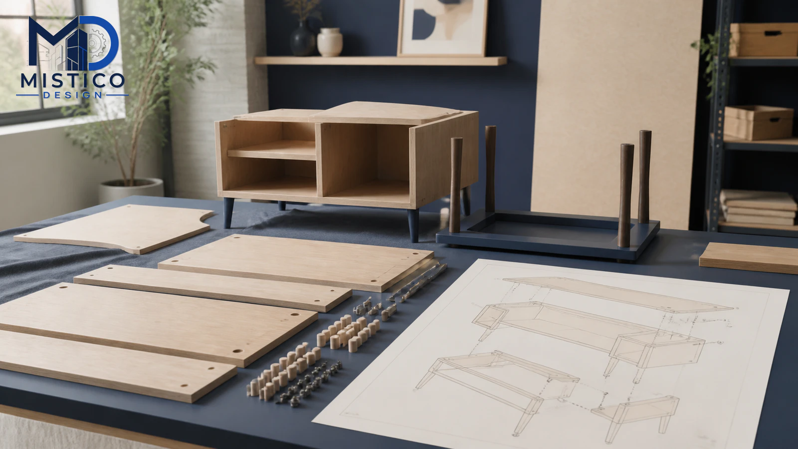 Furniture assembly drawing with exploded components, callouts, and hardware references
