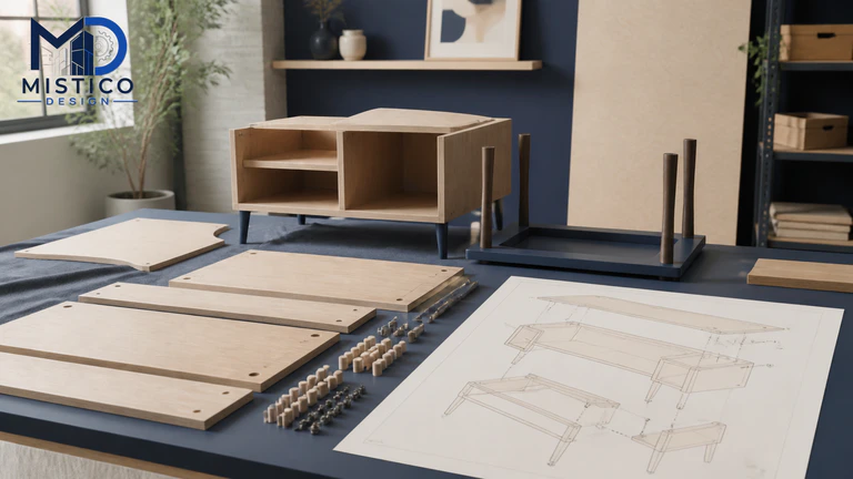 Furniture assembly drawing with exploded components, callouts, and hardware references