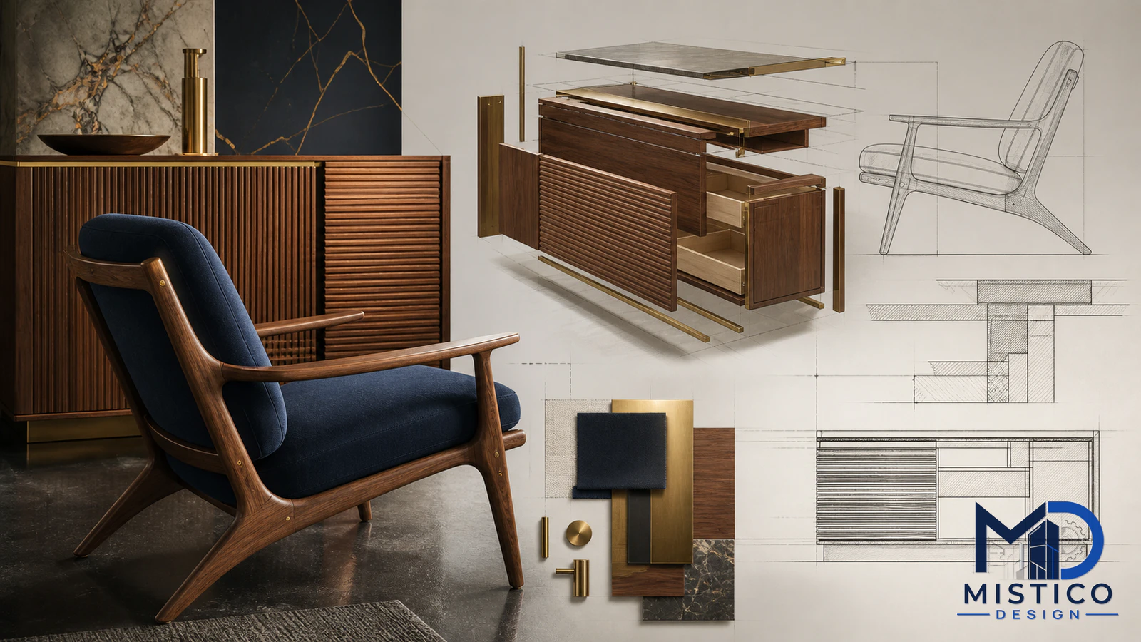 Furniture fabrication drawing with component details, materials, and assembly references