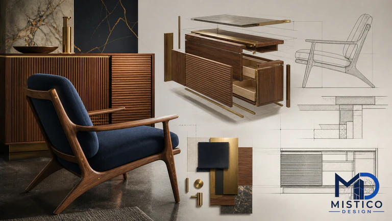 Furniture fabrication drawing with component details, materials, and assembly references