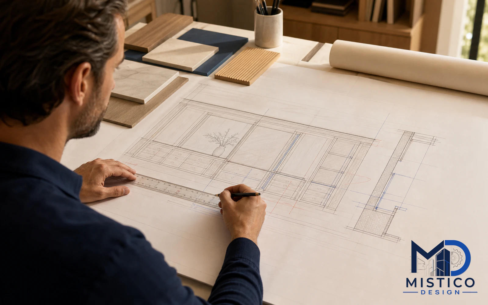 Millwork shop drawing under technical review with CAD details