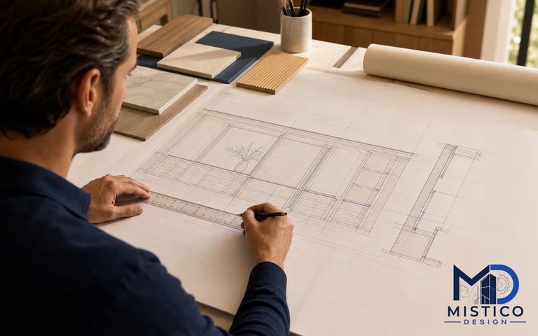 Millwork shop drawing under technical review with CAD details