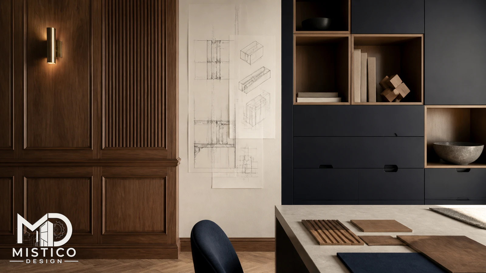 Comparison of joinery and casework drawings with cabinet details and construction sections