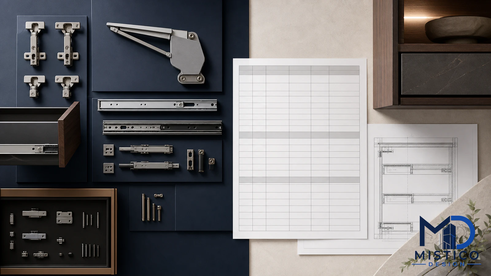 Millwork hardware schedule with cabinet hinge, drawer runner, and sliding hardware callouts