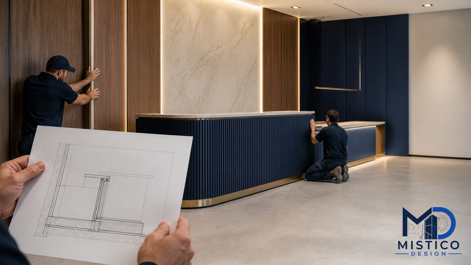 Millwork installation drawing showing cabinet fixing details and site interface sections