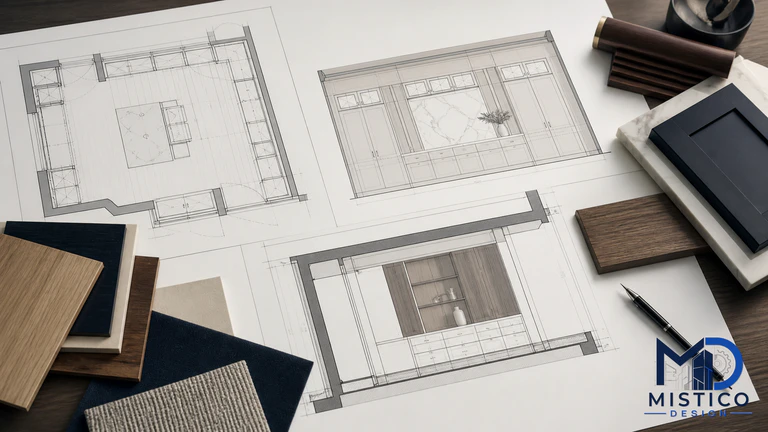 Millwork plans, elevations, and section drawings arranged as a coordinated technical set