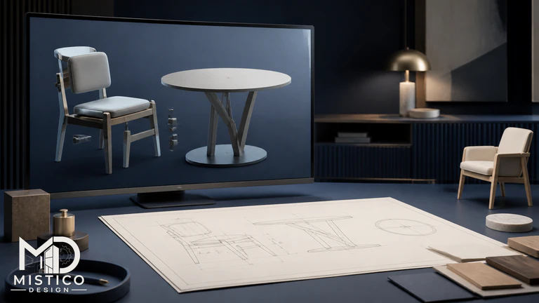SolidWorks-style furniture assembly model with annotated technical drawing views and component references