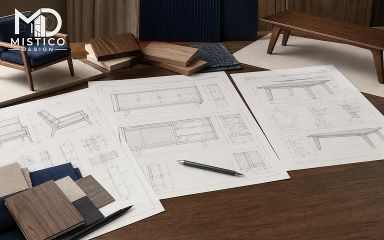 Furniture shop drawing and material samples for technical documentation