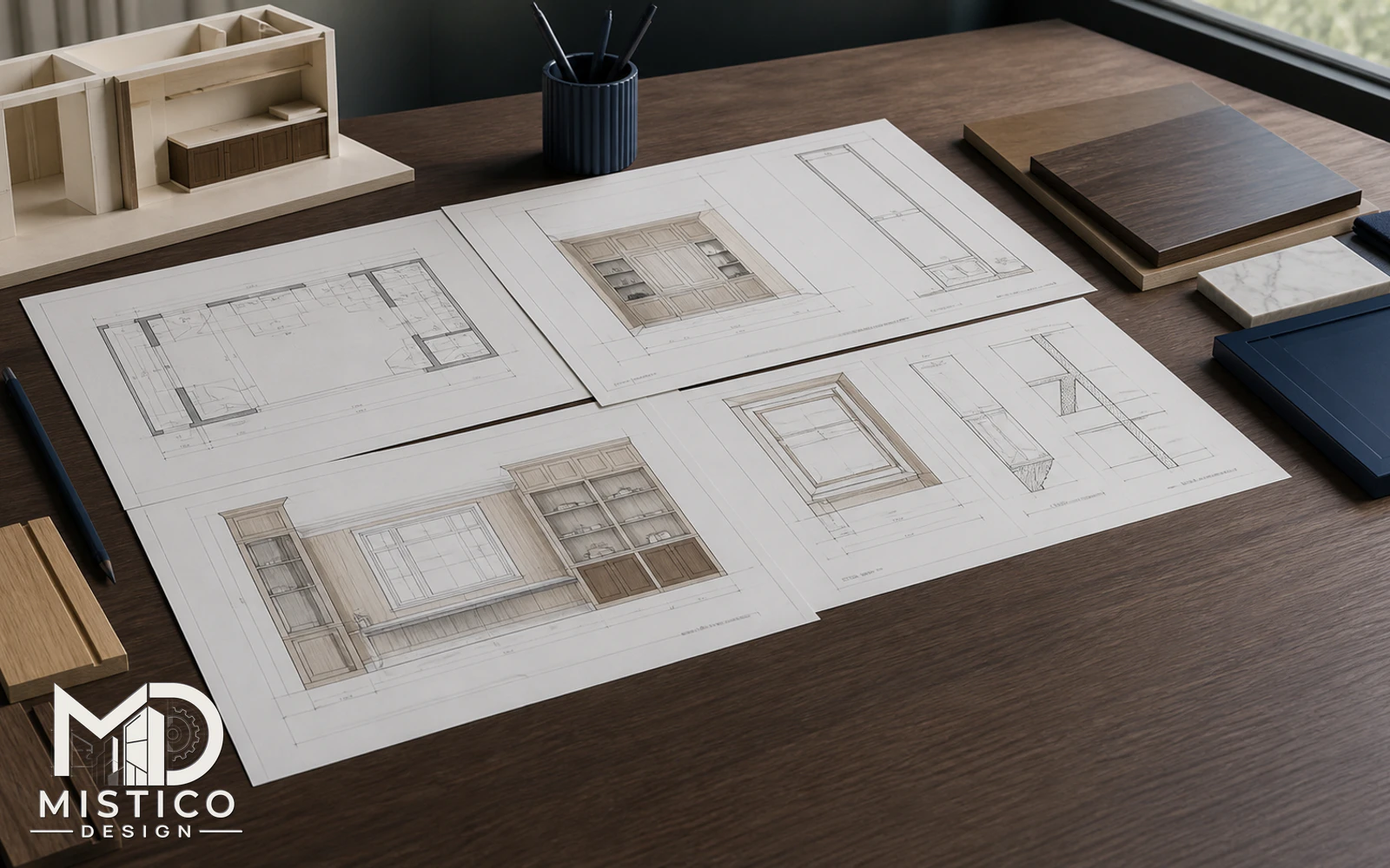 Technical millwork shop drawings, materials, and CAD workspace