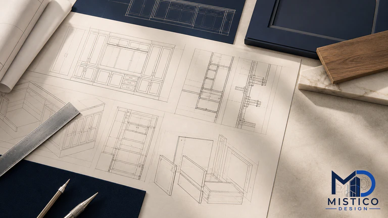 Millwork shop drawing set showing plans, elevations, sections, dimensions, and schedules